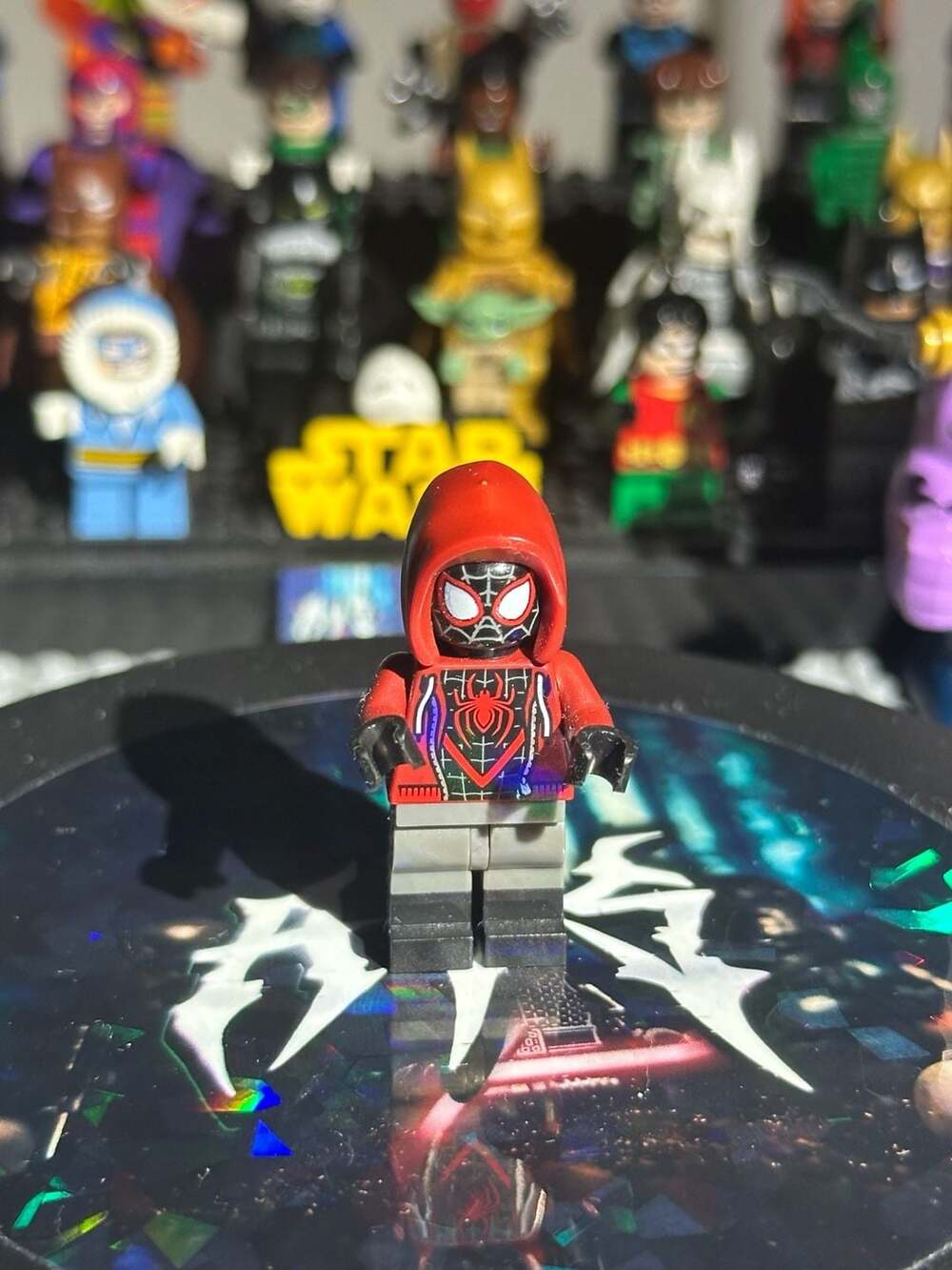 LEGO Miles Morales Spider-Man Minifigure with Dark Red Hood and Dark Bluish Gray